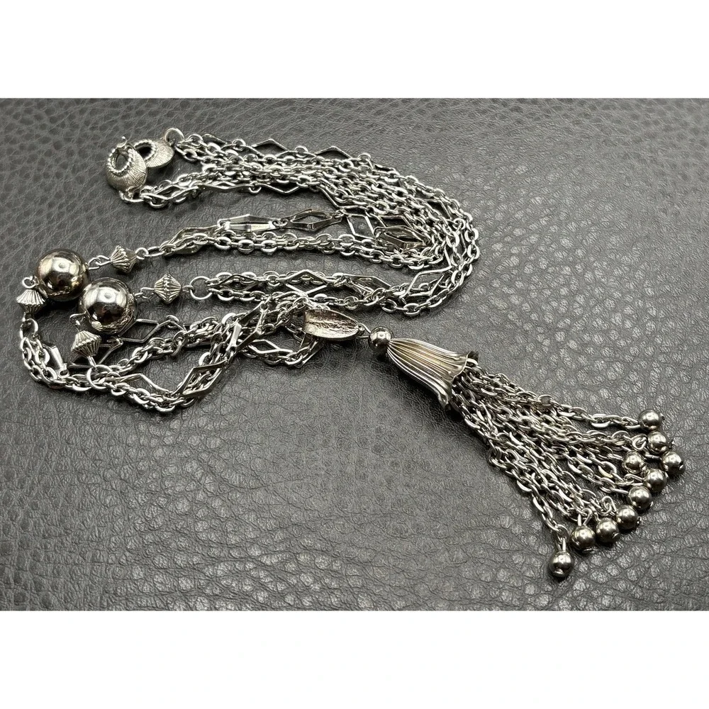 Vintage Silver Tone Tassel Fringe Pendant Necklace Multi Strand Beaded Chain 22